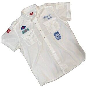 Henry Choice Blue Jeans White Short Sleeve Shirt L Tokyo Osaka Japan Patches